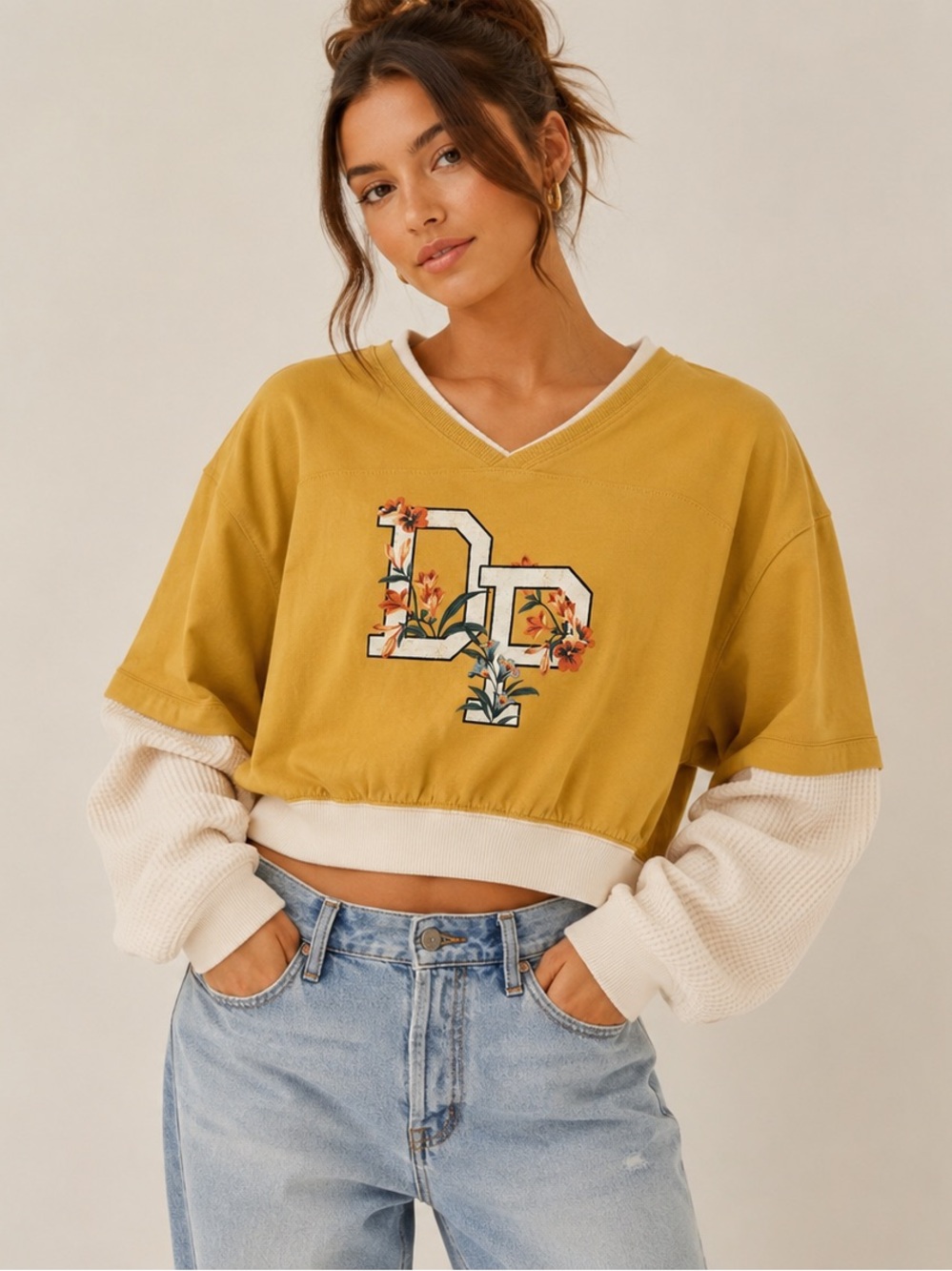 Daily Practice Anthropologie Floral Layered Cropped Sweatshirt Yellow XL